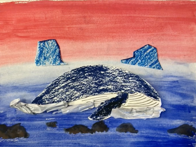 Still from a stop frame animation showing a whale breaching the sea, with a red sky.