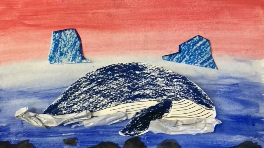 Still from a stop frame animation showing a whale breaching the sea, with a red sky.