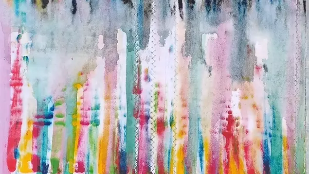 A painting using wash effects to create stripes of many colours blended together. At the top are muted colours, blues, greys, blacks. At the bottom bright colours, dominated by reds, yellows, pinks.