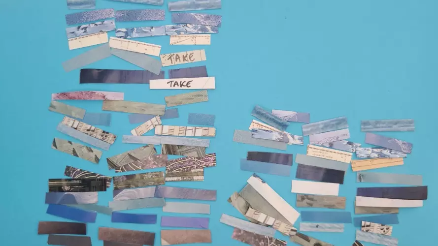 Rectangles of different patterns cut from magazines are arranged in a grid pattern on a bright blue background.