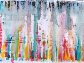 A painting using wash effects to create stripes of many colours blended together. At the top are muted colours, blues, greys, blacks. At the bottom bright colours, dominated by reds, yellows, pinks.
